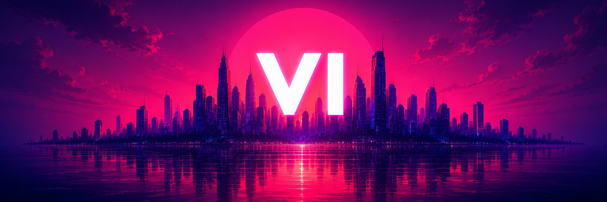 GTA 6 Coin VI emblem above a neon city skyline