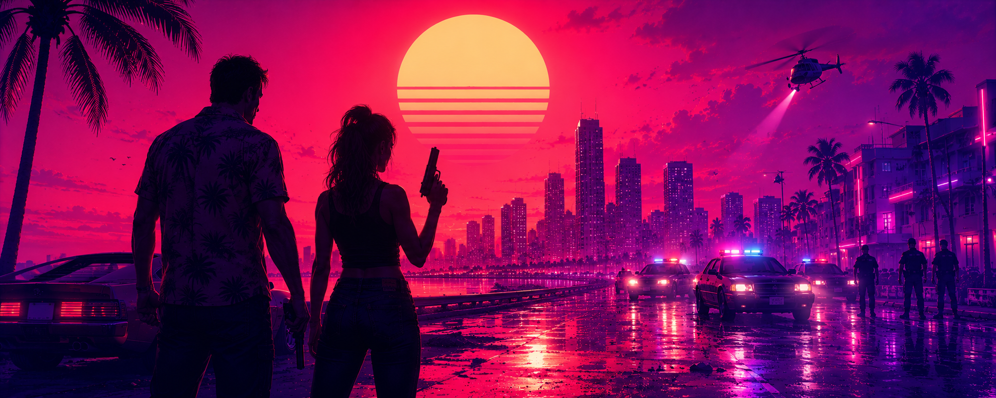 Neon coastal city with two characters and police cars